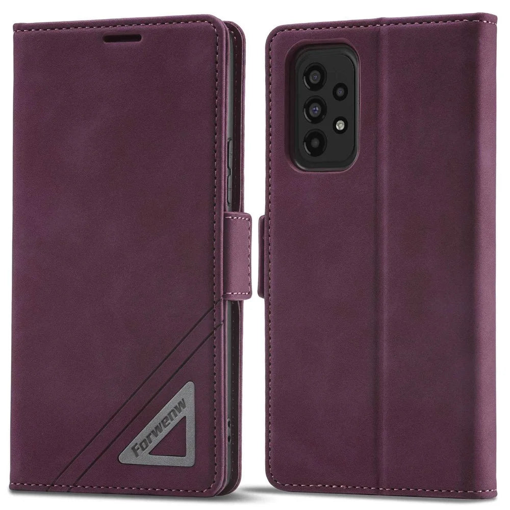 FORWENW F3-Series Phone Case For Samsung Galaxy A32 5G / M32 5G, Card Holder Shockproof Magnetic PU Leather Wallet Stand Protective Phone Cover - Wine Red - 1