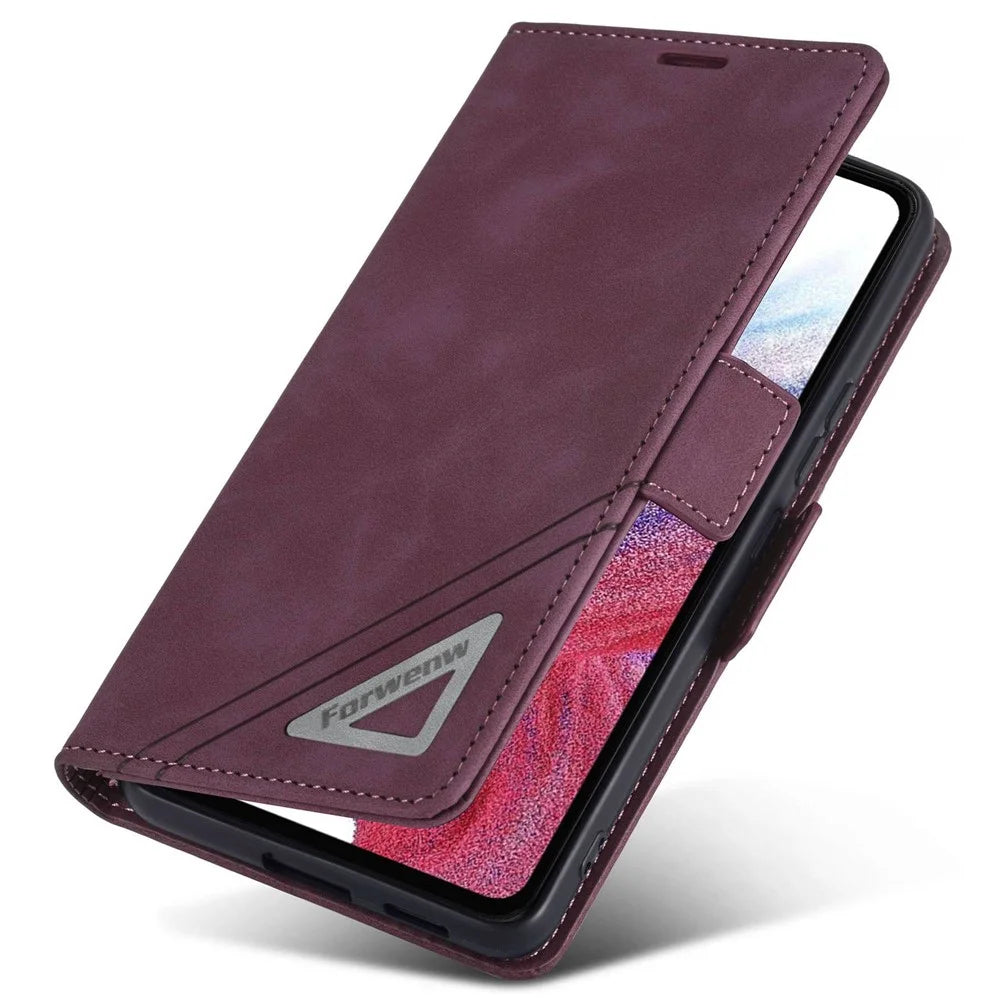FORWENW F3-Series Phone Case For Samsung Galaxy A32 5G / M32 5G, Card Holder Shockproof Magnetic PU Leather Wallet Stand Protective Phone Cover - Wine Red - 4