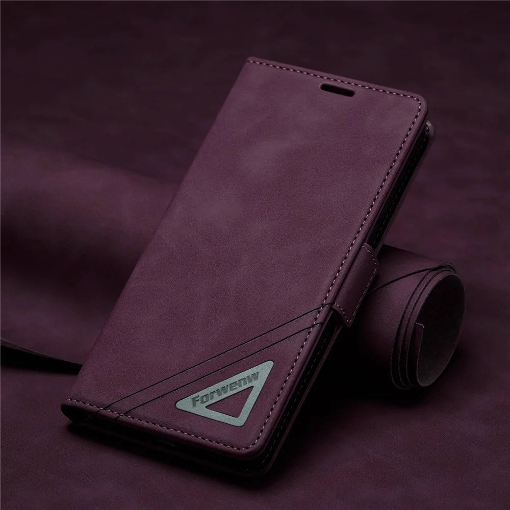 FORWENW F3-Series Phone Case For Samsung Galaxy A32 5G / M32 5G, Card Holder Shockproof Magnetic PU Leather Wallet Stand Protective Phone Cover - Wine Red - 5