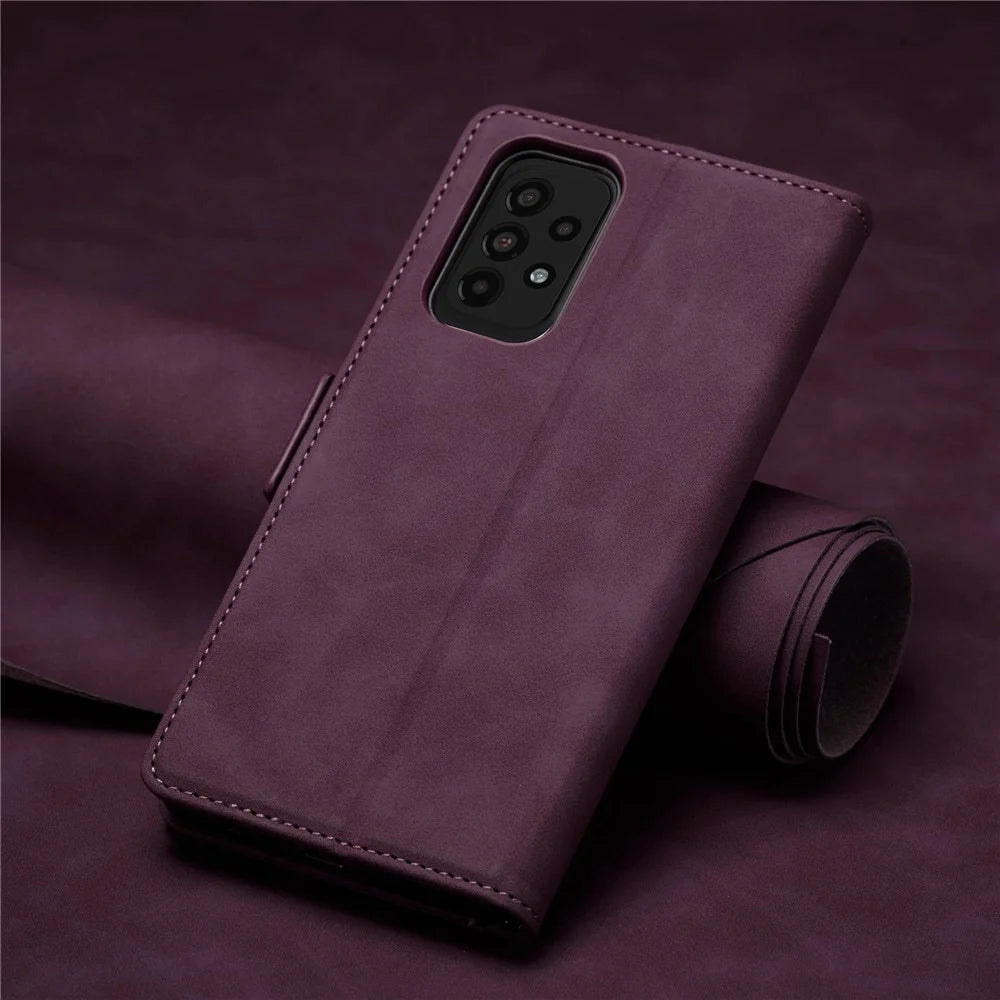 FORWENW F3-Series Phone Case For Samsung Galaxy A32 5G / M32 5G, Card Holder Shockproof Magnetic PU Leather Wallet Stand Protective Phone Cover - Wine Red - 6