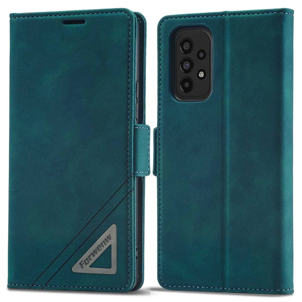 FORWENW F3-Series For Samsung Galaxy A32 4G (EU Version) Phone Case Card Holder Anti-wear Magnetic PU Leather Wallet Cover Stand Protective Phone Shell - Cyan - 1