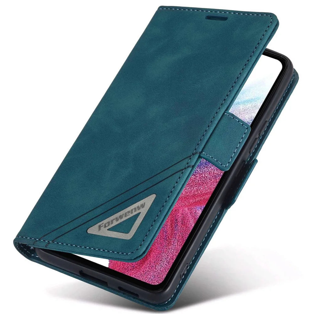 FORWENW F3-Series For Samsung Galaxy A32 4G (EU Version) Phone Case Card Holder Anti-wear Magnetic PU Leather Wallet Cover Stand Protective Phone Shell - Cyan - 4