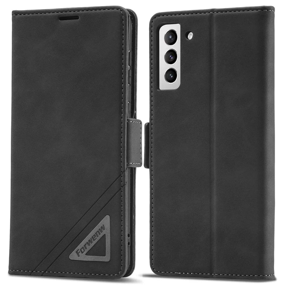 FORWENW F3-Series For Samsung Galaxy S21 FE 5G Phone Flip Leather Case Card Holder Wear-resistant Magnetic Wallet Cover Stand Protective Phone Shell - Black - 1