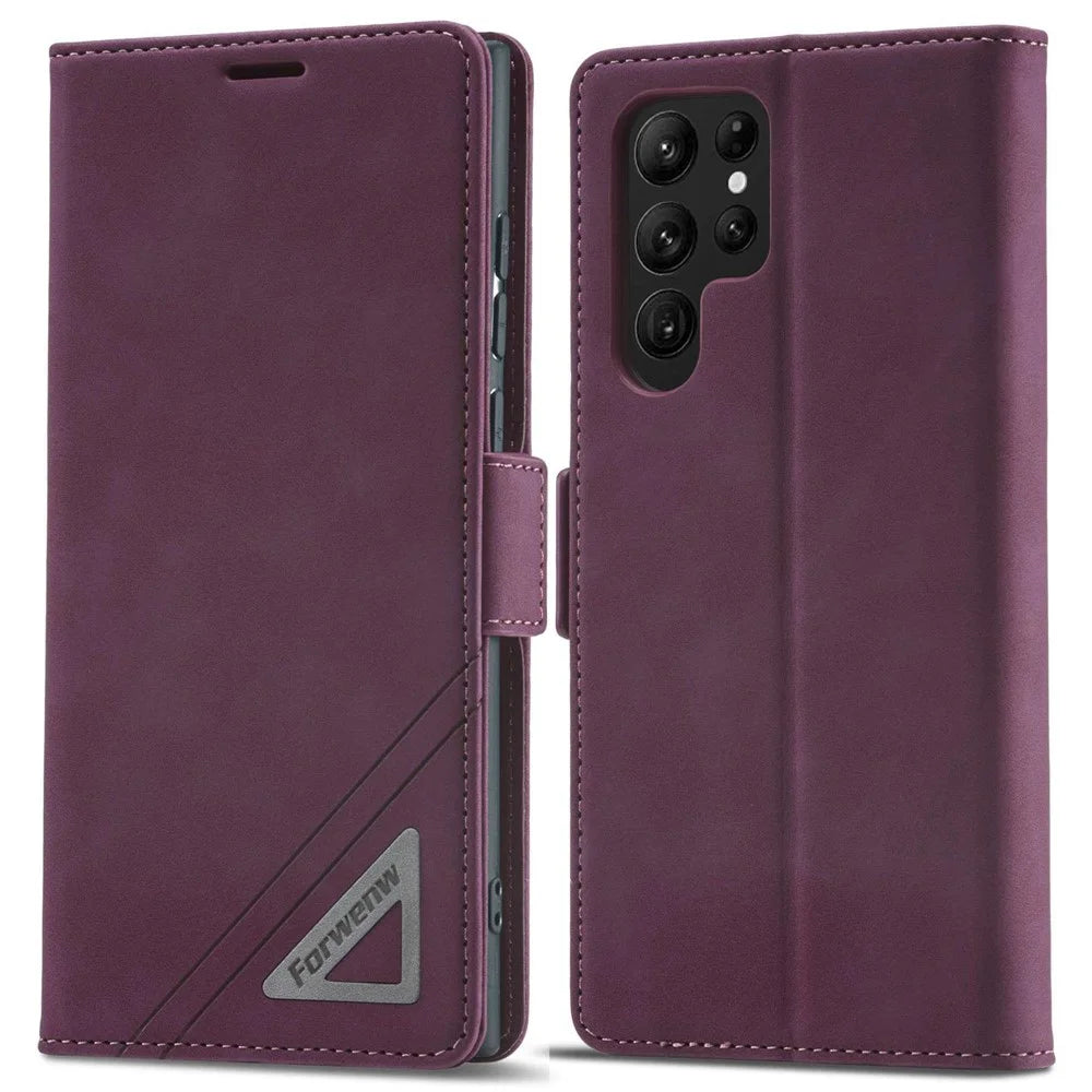 FORWENW F3-Series For Samsung Galaxy S22 Ultra 5G Drop-proof Phone Flip Leather Case Card Holder Anti-scratch Wallet Cover Stand Protective Phone Shell - Wine Red - 1