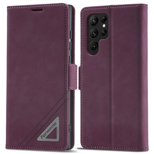 FORWENW F3-Series For Samsung Galaxy S22 Ultra 5G Drop-proof Phone Flip Leather Case Card Holder Anti-scratch Wallet Cover Stand Protective Phone Shell - Wine Red - 1