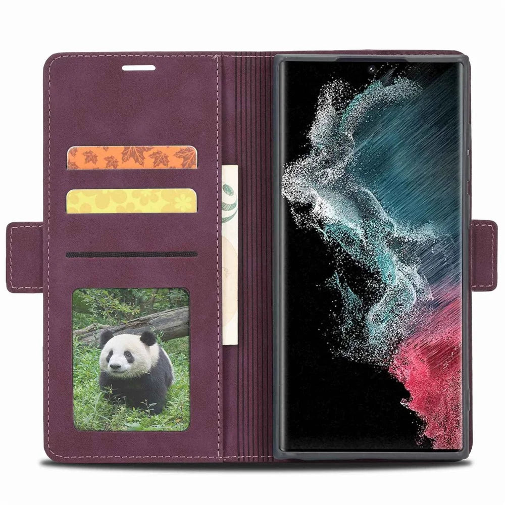 FORWENW F3-Series For Samsung Galaxy S22 Ultra 5G Drop-proof Phone Flip Leather Case Card Holder Anti-scratch Wallet Cover Stand Protective Phone Shell - Wine Red - 2