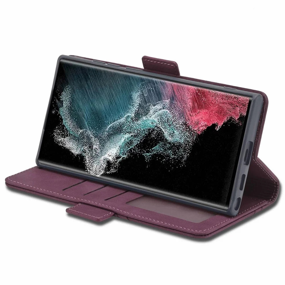 FORWENW F3-Series For Samsung Galaxy S22 Ultra 5G Drop-proof Phone Flip Leather Case Card Holder Anti-scratch Wallet Cover Stand Protective Phone Shell - Wine Red - 3