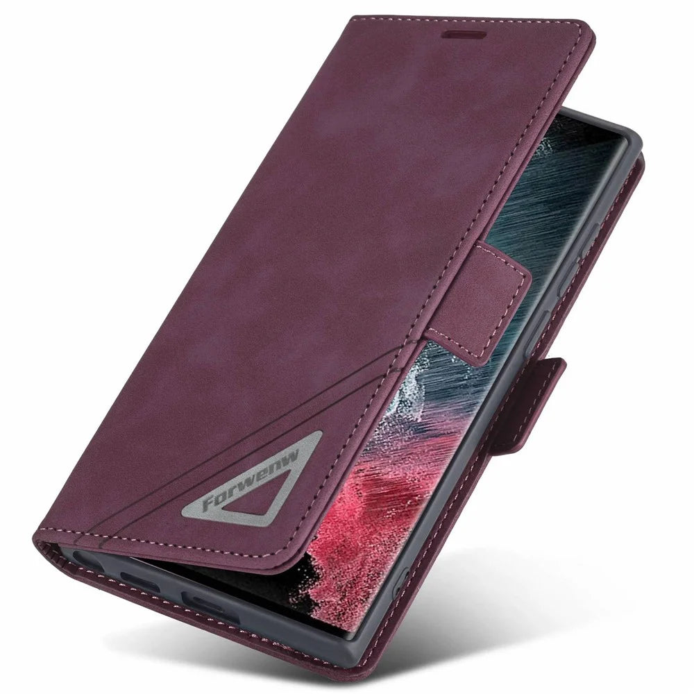 FORWENW F3-Series For Samsung Galaxy S22 Ultra 5G Drop-proof Phone Flip Leather Case Card Holder Anti-scratch Wallet Cover Stand Protective Phone Shell - Wine Red - 4