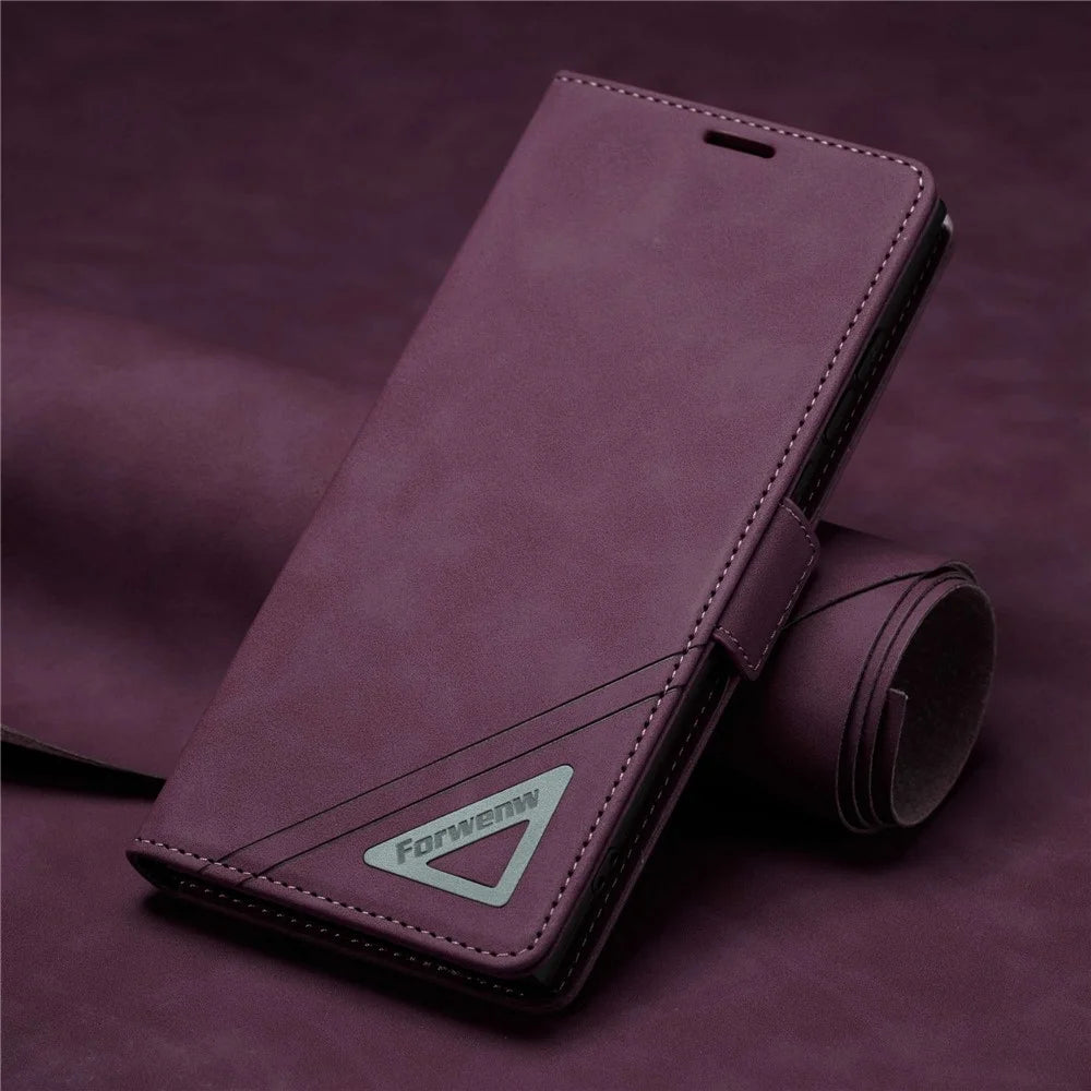 FORWENW F3-Series For Samsung Galaxy S22 Ultra 5G Drop-proof Phone Flip Leather Case Card Holder Anti-scratch Wallet Cover Stand Protective Phone Shell - Wine Red - 5
