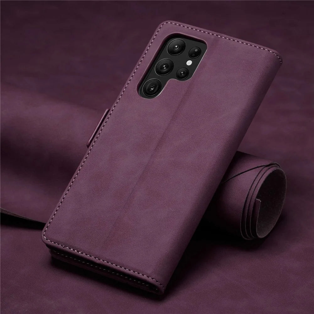 FORWENW F3-Series For Samsung Galaxy S22 Ultra 5G Drop-proof Phone Flip Leather Case Card Holder Anti-scratch Wallet Cover Stand Protective Phone Shell - Wine Red - 6