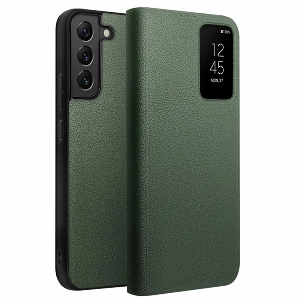 QIALINO For Samsung Galaxy S22 5G Smart Auto Wake Up / Sleep View Window Phone Case Genuine Cowhide Leather Phone Flip Cover - Green - 1