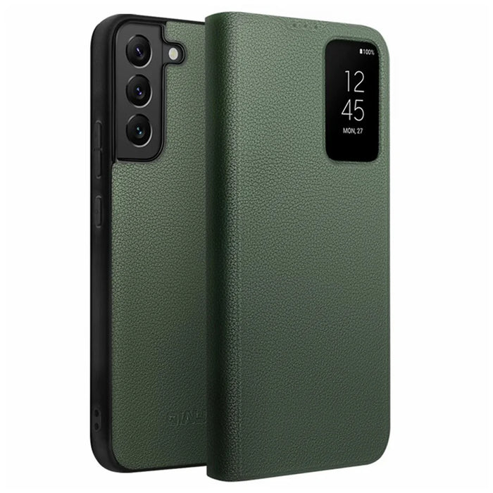 QIALINO For Samsung Galaxy S22 5G Smart Auto Wake Up / Sleep View Window Phone Case Genuine Cowhide Leather Phone Flip Cover - Green - 1