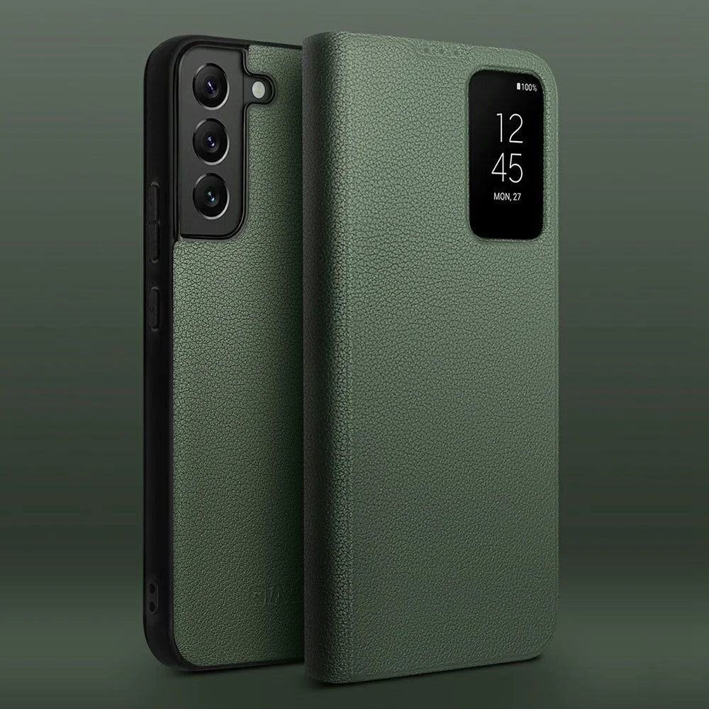 QIALINO For Samsung Galaxy S22 5G Smart Auto Wake Up / Sleep View Window Phone Case Genuine Cowhide Leather Phone Flip Cover - Green - 2