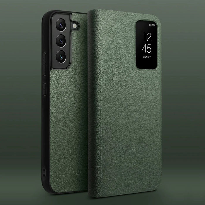 QIALINO For Samsung Galaxy S22 5G Smart Auto Wake Up / Sleep View Window Phone Case Genuine Cowhide Leather Phone Flip Cover - Green - 2
