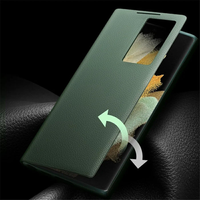 QIALINO For Samsung Galaxy S22 5G Smart Auto Wake Up / Sleep View Window Phone Case Genuine Cowhide Leather Phone Flip Cover - Green - 3