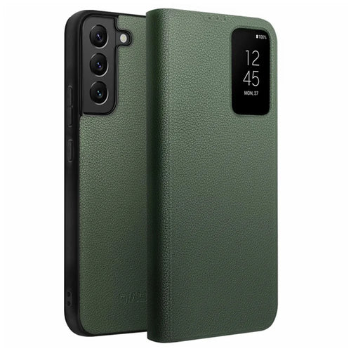 QIALINO Phone Cover Bag for Samsung Galaxy S22+ 5G, Smart Auto Wake Up / Sleep View Window Genuine Cowhide Leather Phone Case - Green - 1