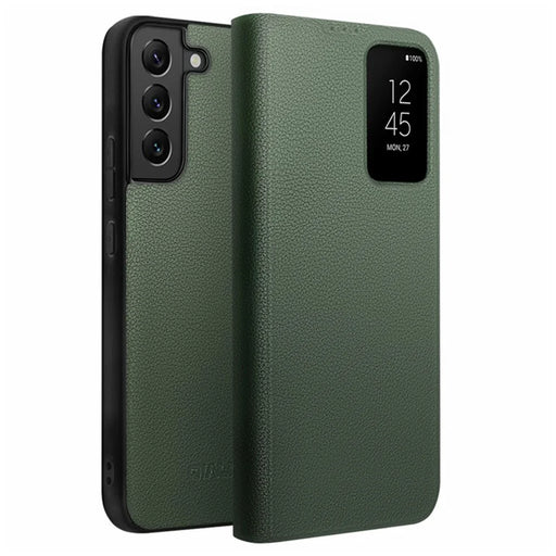 QIALINO Phone Cover Bag for Samsung Galaxy S22+ 5G, Smart Auto Wake Up / Sleep View Window Genuine Cowhide Leather Phone Case - Green - 1