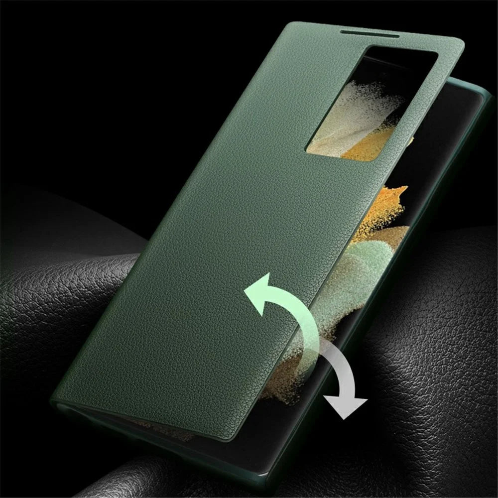 QIALINO Phone Cover Bag for Samsung Galaxy S22+ 5G, Smart Auto Wake Up / Sleep View Window Genuine Cowhide Leather Phone Case - Green - 3