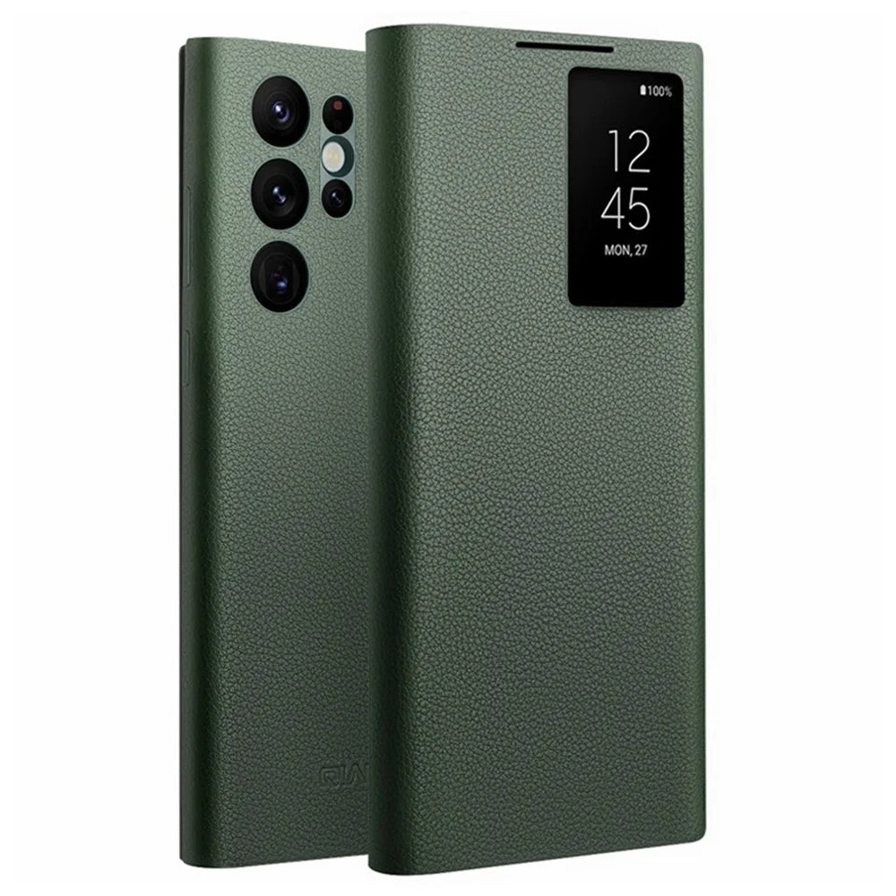 QIALINO For Samsung Galaxy S22 Ultra 5G View Window Cell Phone Case Smart Auto Wake Up / Sleep Genuine Cowhide Leather Phone Flip Cover - Green - 1