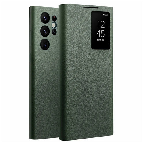 QIALINO For Samsung Galaxy S22 Ultra 5G View Window Cell Phone Case Smart Auto Wake Up / Sleep Genuine Cowhide Leather Phone Flip Cover - Green - 1