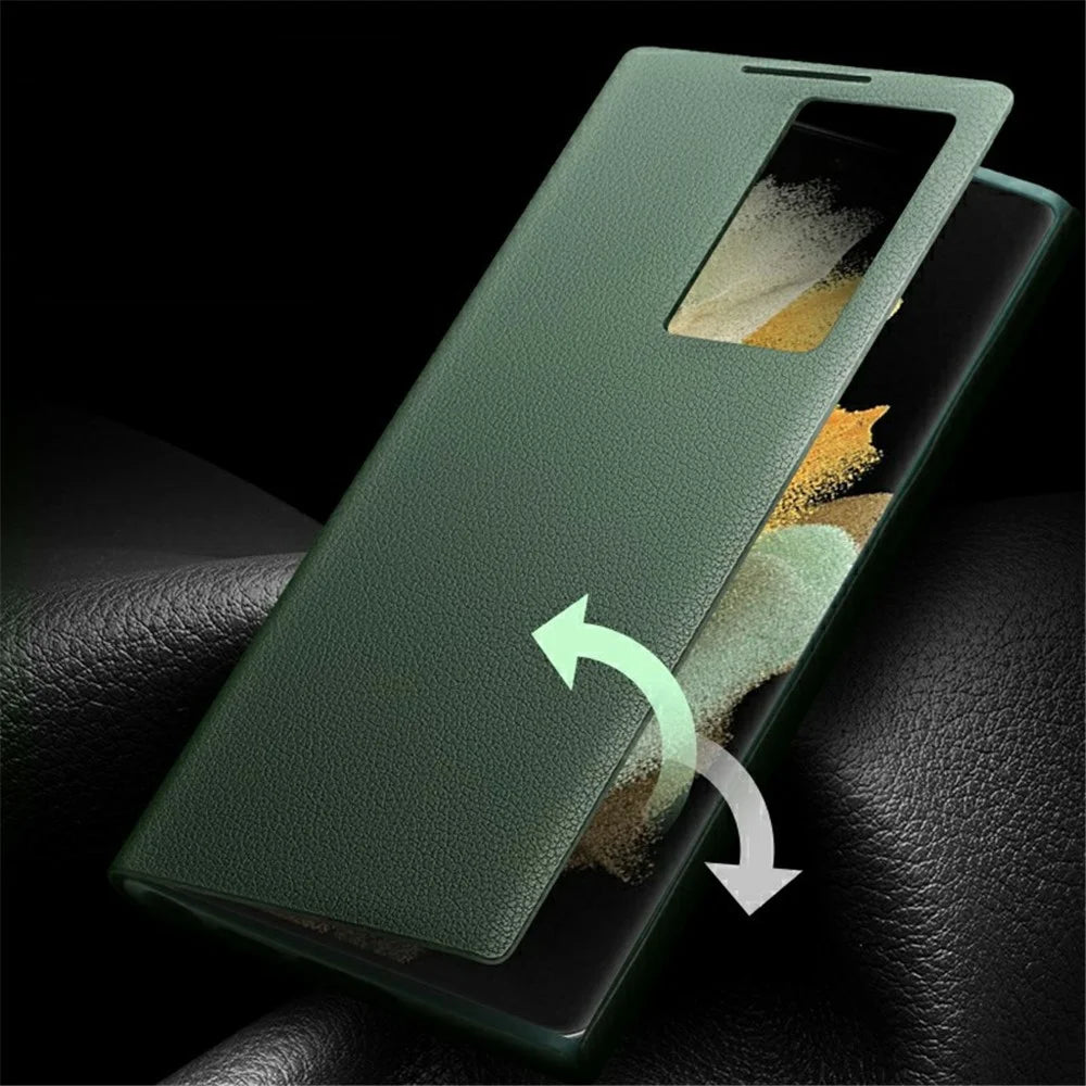 QIALINO For Samsung Galaxy S22 Ultra 5G View Window Cell Phone Case Smart Auto Wake Up / Sleep Genuine Cowhide Leather Phone Flip Cover - Green - 3