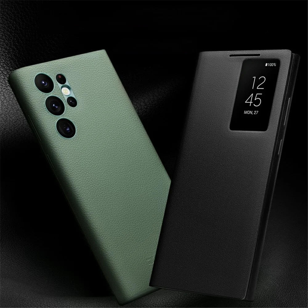 QIALINO For Samsung Galaxy S22 Ultra 5G View Window Cell Phone Case Smart Auto Wake Up / Sleep Genuine Cowhide Leather Phone Flip Cover - Green - 4