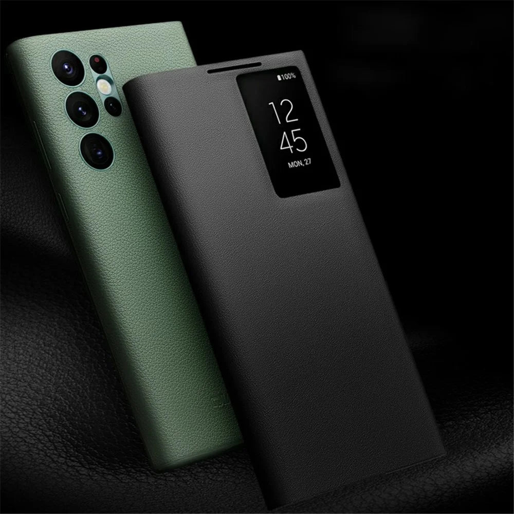 QIALINO For Samsung Galaxy S22 Ultra 5G View Window Cell Phone Case Smart Auto Wake Up / Sleep Genuine Cowhide Leather Phone Flip Cover - Green - 5