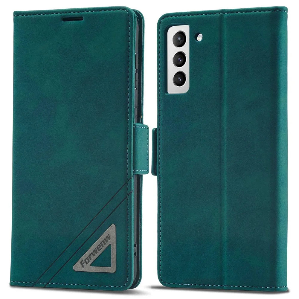 FORWENW F3-Series For Samsung Galaxy S22 5G Protective Case PU Leather Folio Flip Wallet Phone Cover with Stand - Cyan - 1