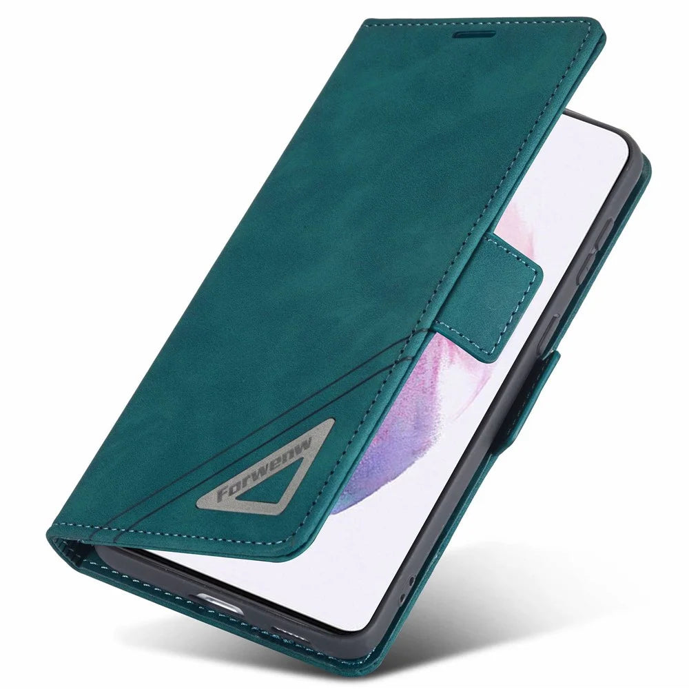 FORWENW F3-Series For Samsung Galaxy S22 5G Protective Case PU Leather Folio Flip Wallet Phone Cover with Stand - Cyan - 4
