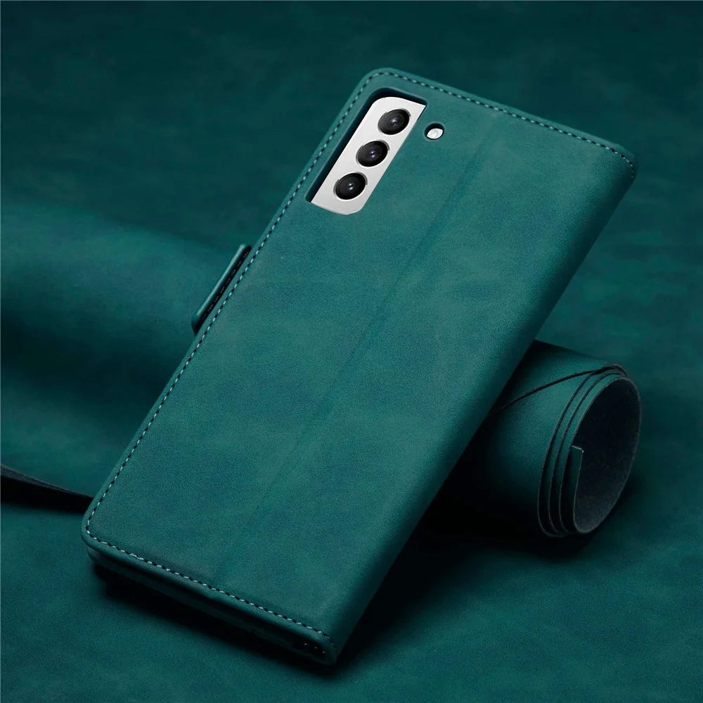 FORWENW F3-Series For Samsung Galaxy S22 5G Protective Case PU Leather Folio Flip Wallet Phone Cover with Stand - Cyan - 6