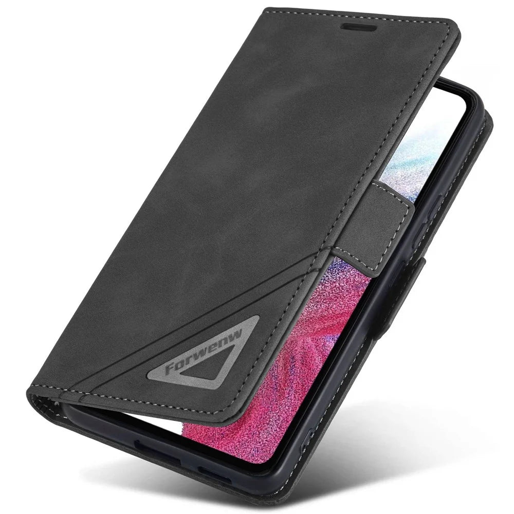 FORWENW F3-Series For Samsung Galaxy A73 5G Wear-resistant Wallet Case PU Leather Folio Flip Cell Phone Cover with Stand - Black - 4
