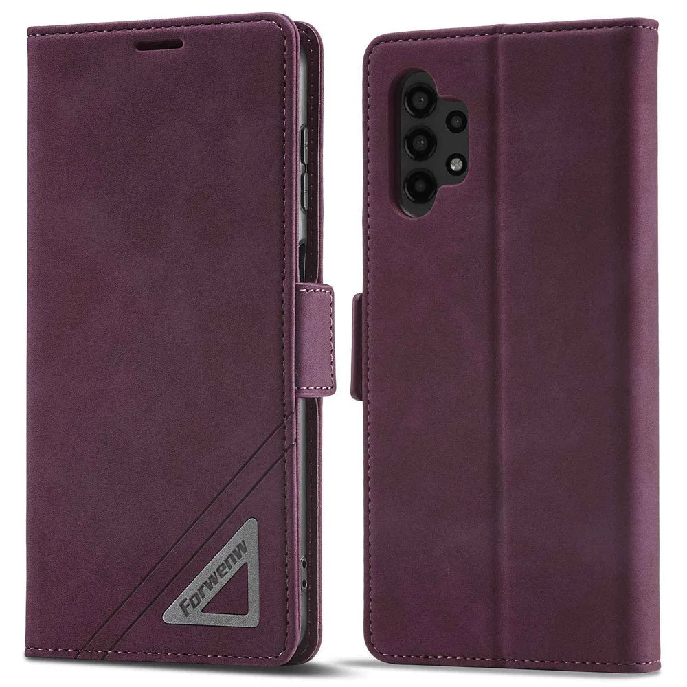 FORWENW F3-Series For Samsung Galaxy A13 4G / 5G / A04s 4G (164.7mm) Full Protection PU Leather Phone Cover Folio Flip Wallet Stand Case - Wine Red - 1