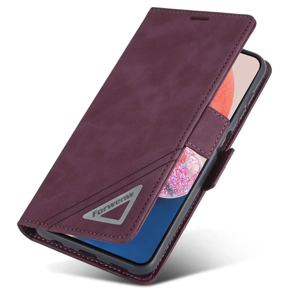 FORWENW F3-Series For Samsung Galaxy A13 4G / 5G / A04s 4G (164.7mm) Full Protection PU Leather Phone Cover Folio Flip Wallet Stand Case - Wine Red - 4