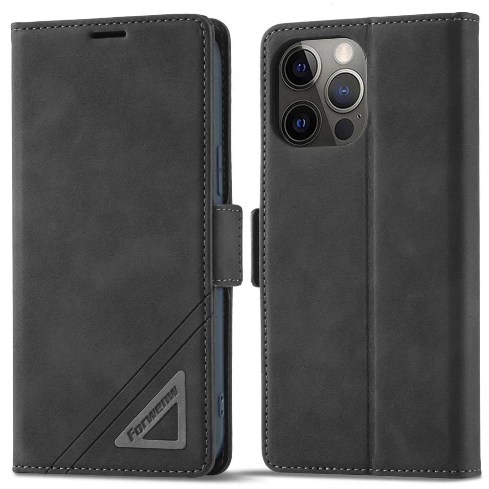 FORWENW F3-Series For iPhone 13 Pro Max 6.7 inch Shockproof Stand Wallet Case PU Leather Flip Phone Cover - Black - 1