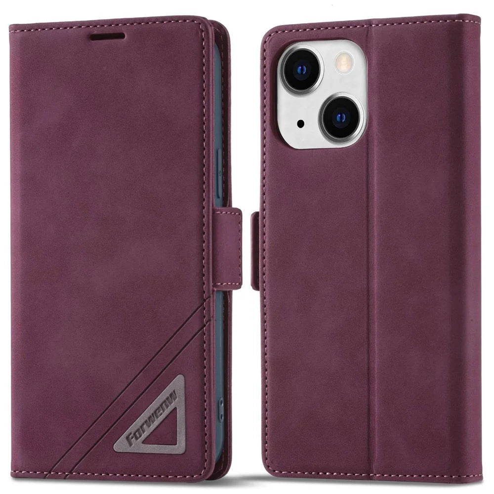 FORWENW F3-Series For iPhone 13 6.1 inch Wallet Double Magnetic Clasps Case PU Leather Flip Phone Cover with Stand - Wine Red - 1