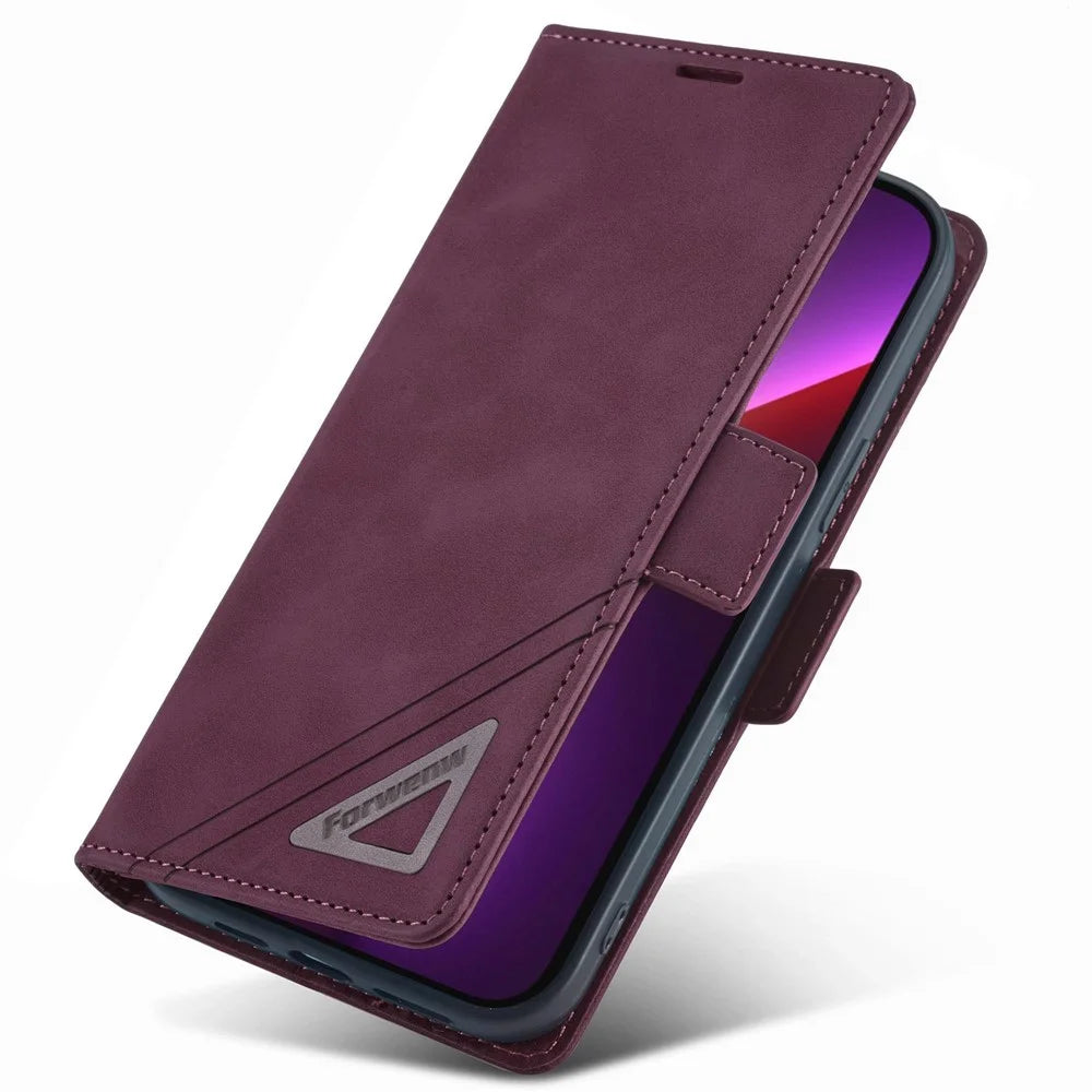 FORWENW F3-Series For iPhone 13 6.1 inch Wallet Double Magnetic Clasps Case PU Leather Flip Phone Cover with Stand - Wine Red - 4