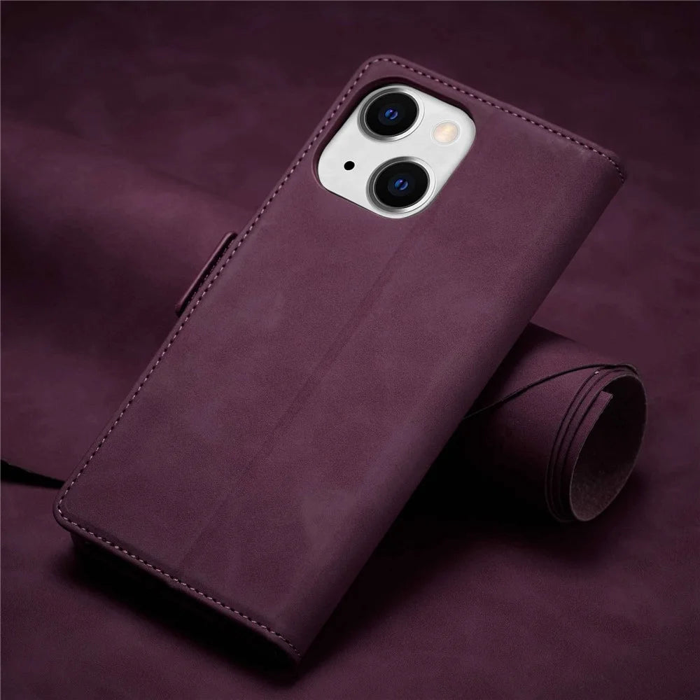 FORWENW F3-Series For iPhone 13 6.1 inch Wallet Double Magnetic Clasps Case PU Leather Flip Phone Cover with Stand - Wine Red - 6