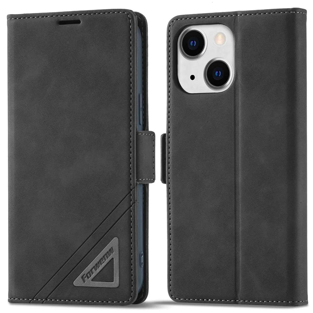 FORWENW F3-Series For iPhone 14 Plus Folio Flip Wallet Protective Case PU Leather Anti-fall Phone Cover with Stand - Black - 1