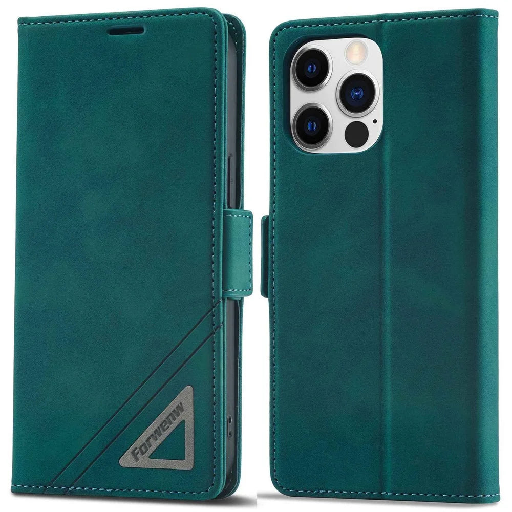 FORWENW F3-Series For iPhone 14 Pro 6.1 inch Folio Flip Wallet Well-protected Case PU Leather Phone Cover with Stand - Cyan - 1