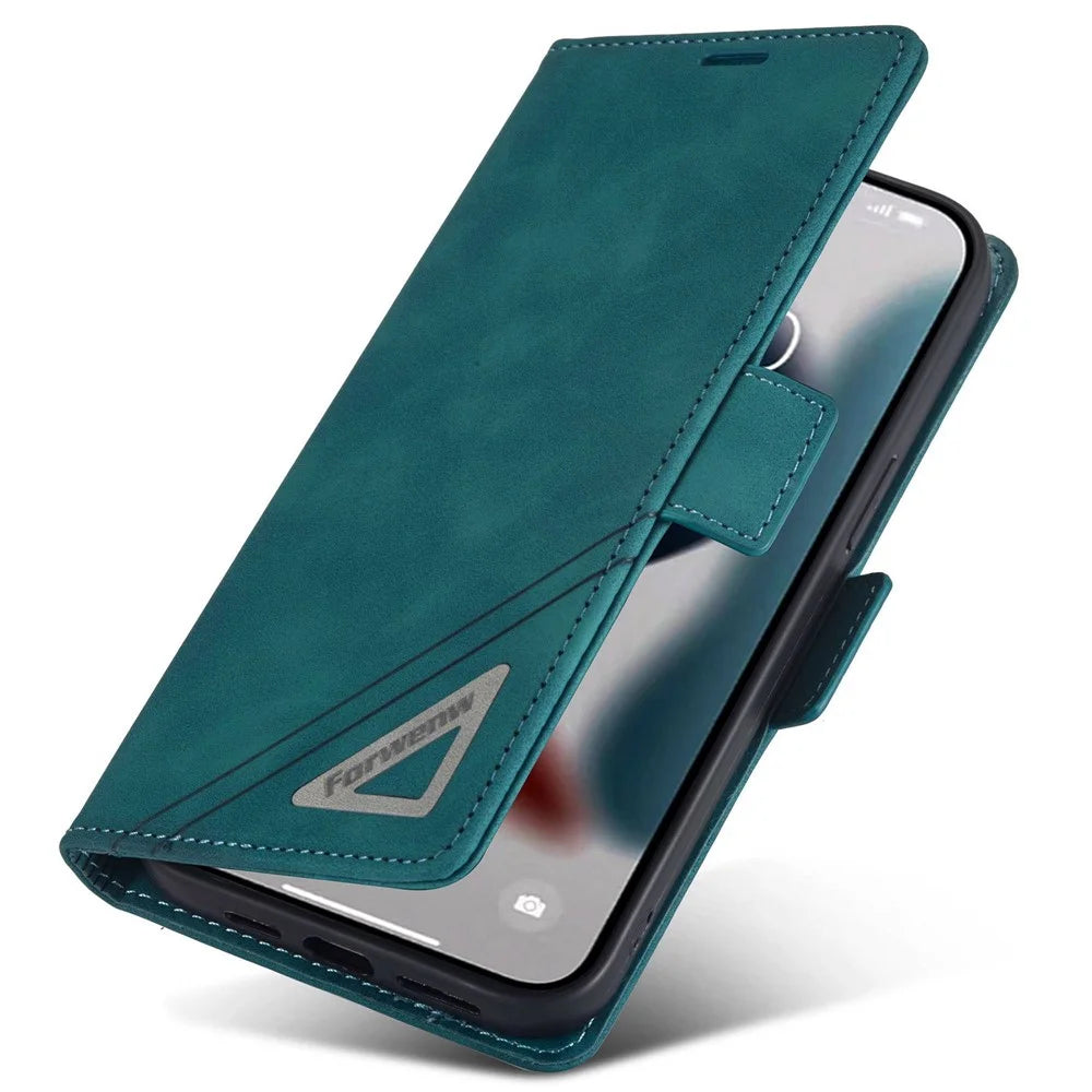 FORWENW F3-Series For iPhone 14 Pro 6.1 inch Folio Flip Wallet Well-protected Case PU Leather Phone Cover with Stand - Cyan - 4