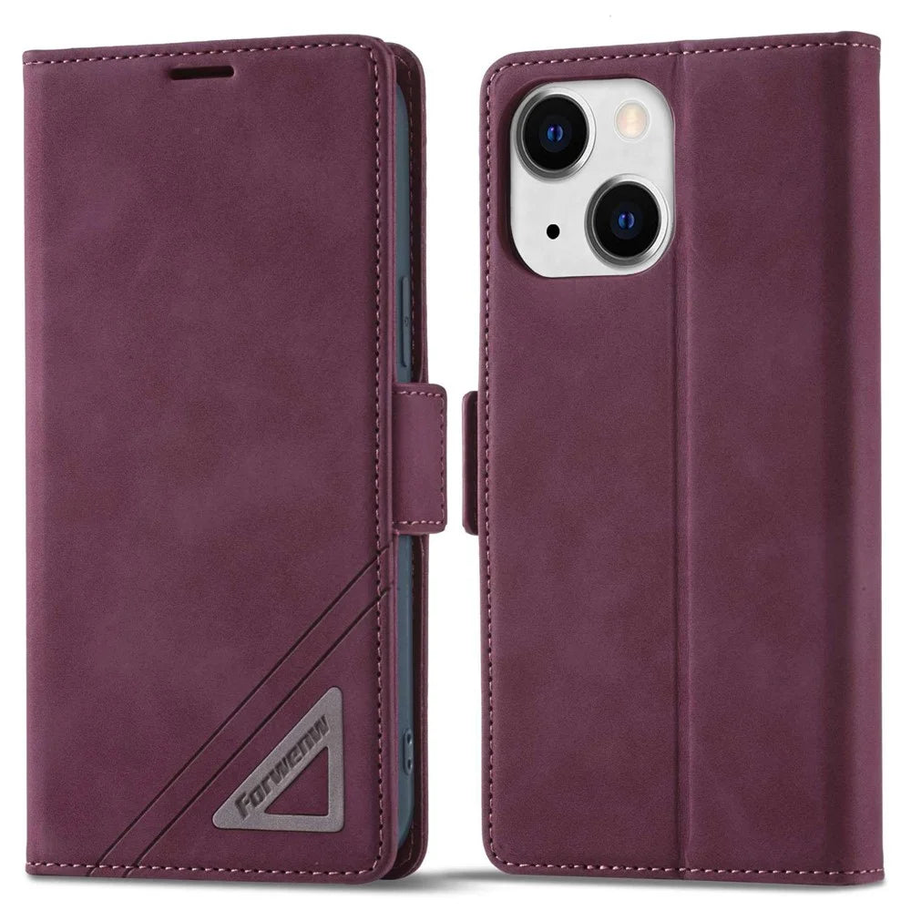 FORWENW F3-Series for iPhone 14 6.1 inch Book Style Wallet Case PU Leather Phone Protector with Stand - Wine Red - 1