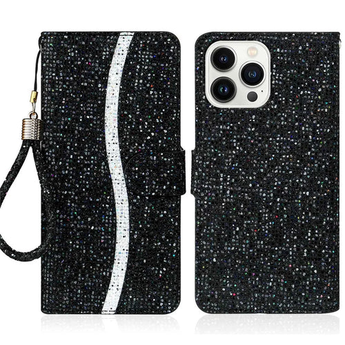 For iPhone 14 Pro 6.1 inch Glitter PU Leather Stand Wallet Style Phone Case Bling Folio Flip Protector with Hand Strap - Black - 1