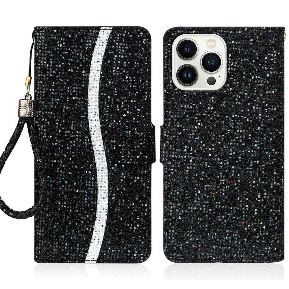 For iPhone 14 Pro 6.1 inch Glitter PU Leather Stand Wallet Style Phone Case Bling Folio Flip Protector with Hand Strap - Black - 1