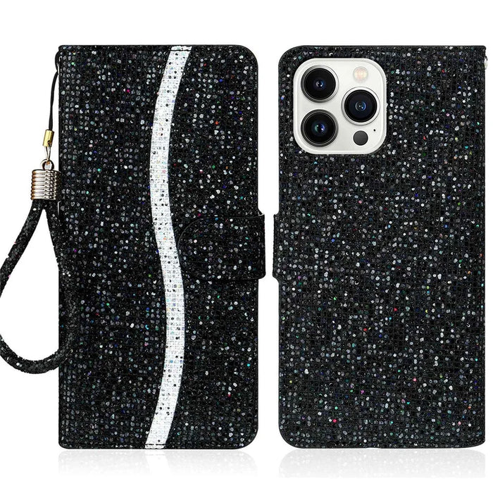 For iPhone 14 Pro 6.1 inch Glitter PU Leather Stand Wallet Style Phone Case Bling Folio Flip Protector with Hand Strap - Black - 1