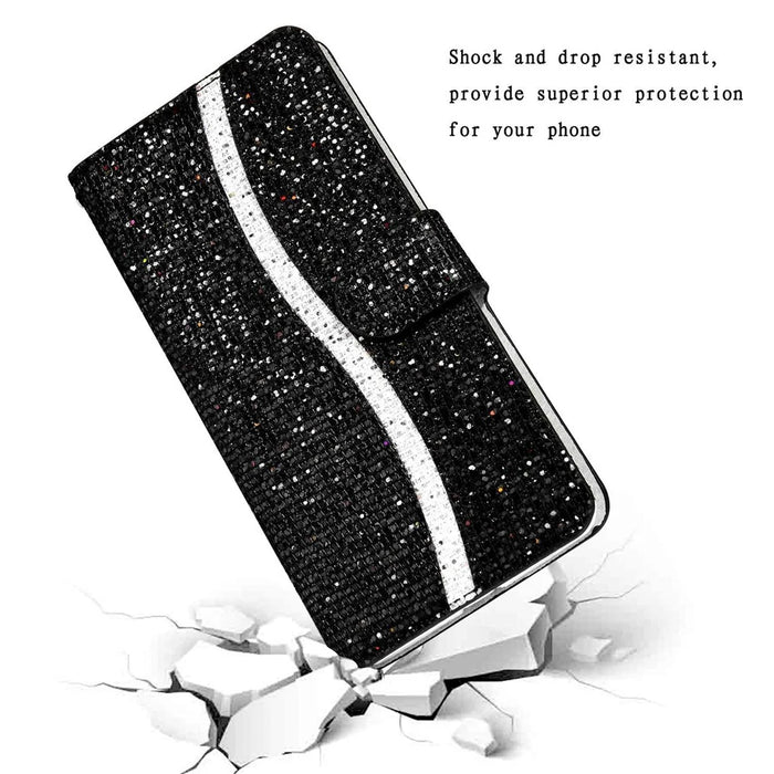 For iPhone 14 Pro 6.1 inch Glitter PU Leather Stand Wallet Style Phone Case Bling Folio Flip Protector with Hand Strap - Black - 4