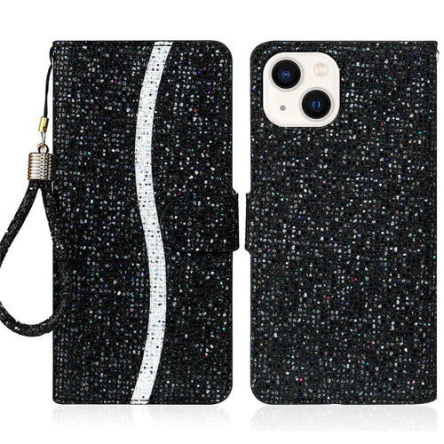 For iPhone 14 Plus Glitter Bling PU Leather Foldable Stand Phone Case Wallet Style Flip Shell with Wrist Strap - Black - 1