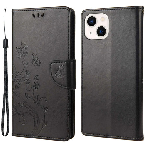 For iPhone 14 Plus Mobile Phone Case Wallet Stand Anti-scratch Imprinted Flower Butterflies Leather Phone Shell - Black - 1