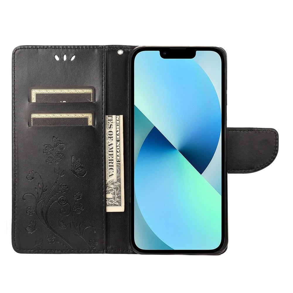 For iPhone 14 Plus Mobile Phone Case Wallet Stand Anti-scratch Imprinted Flower Butterflies Leather Phone Shell - Black - 2