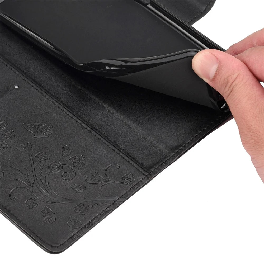 For iPhone 14 Plus Mobile Phone Case Wallet Stand Anti-scratch Imprinted Flower Butterflies Leather Phone Shell - Black - 5