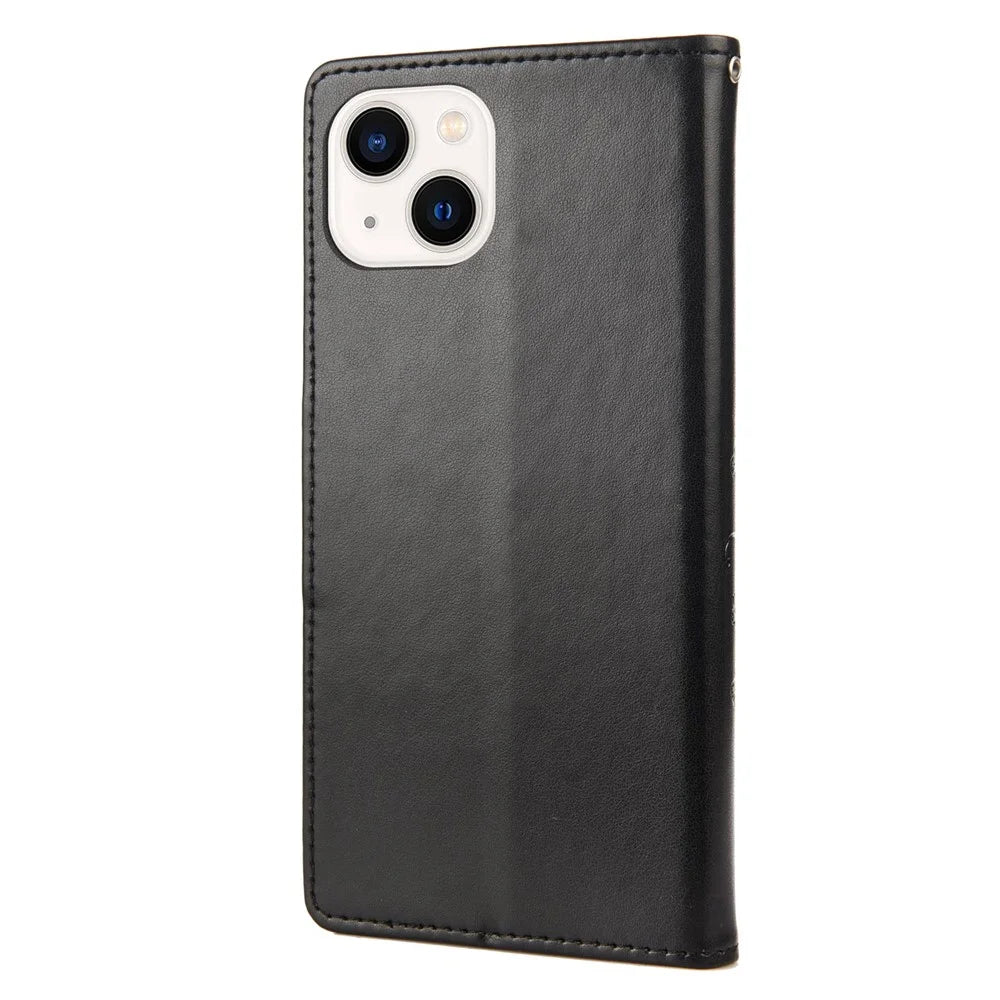 For iPhone 14 Plus Mobile Phone Case Wallet Stand Anti-scratch Imprinted Flower Butterflies Leather Phone Shell - Black - 7